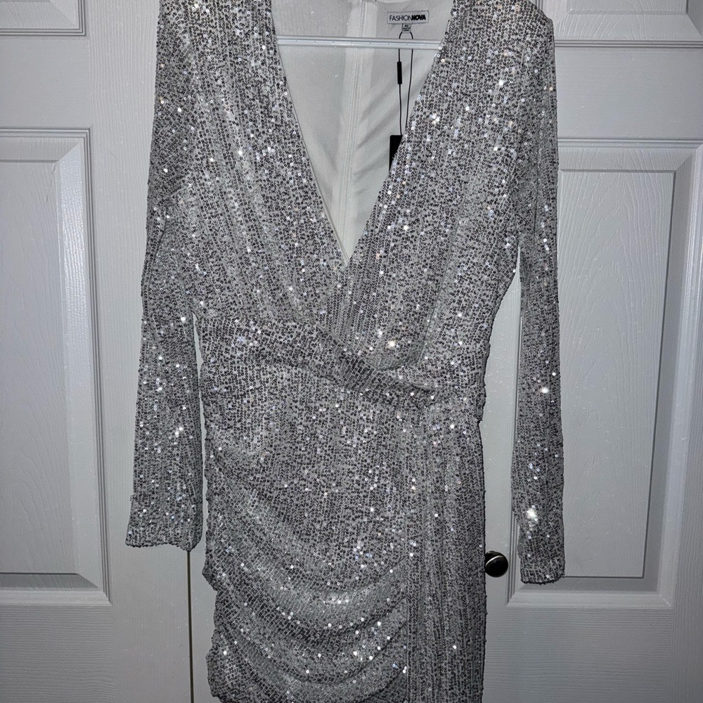 Fashion Nova Shimmering Silver Long Sleeve Dress